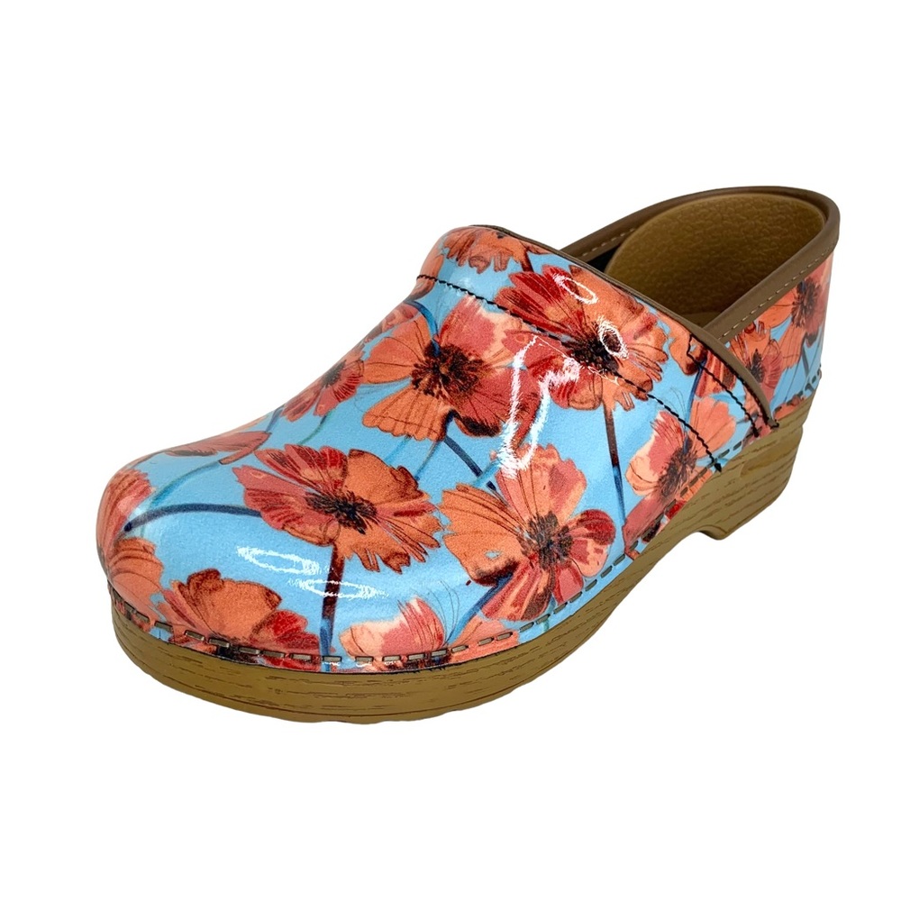 Dansko Patent Floral Clog in Blue and Orange